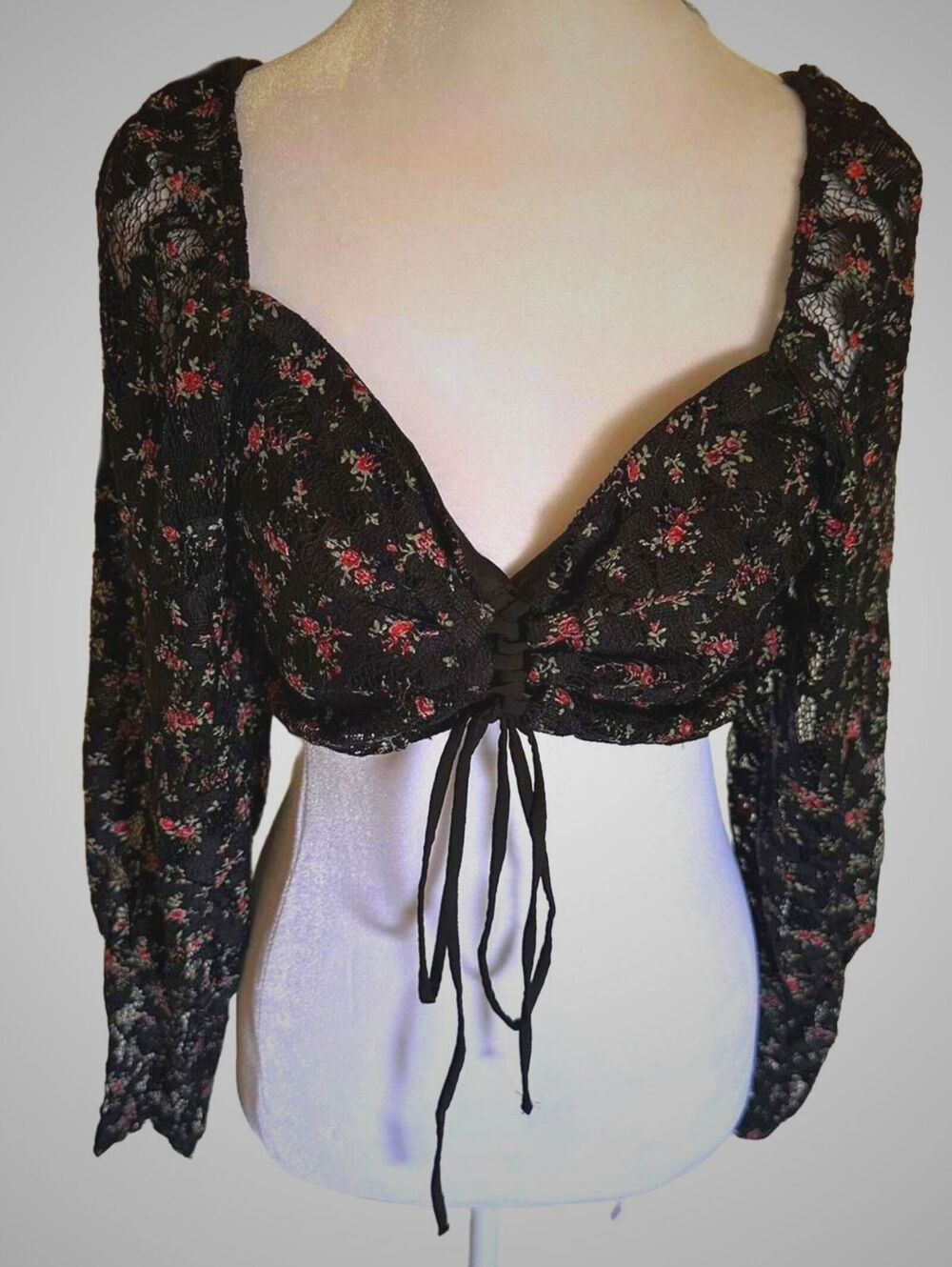 Top shop black lace sheer moody romantic crop top tie front goth witchy sz 8